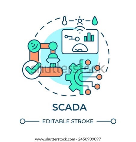 SCADA multi color concept icon. Supervisory control, data acquisition. Smart factory, process performance. Round shape line illustration. Abstract idea. Graphic design. Easy to use in infographic