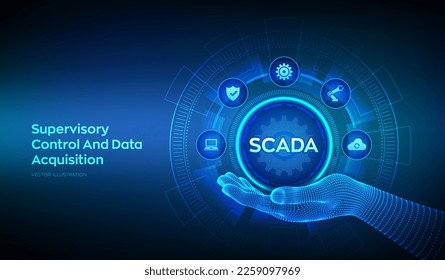 SCADA system icon in wireframe hand. Supervisory Control And Data Acquisition technology concept. Control system architecture comprising computers, networked data communications. Vector illustration.