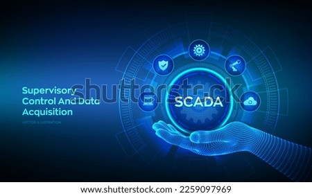 SCADA system icon in wireframe hand. Supervisory Control And Data Acquisition technology concept. Control system architecture comprising computers, networked data communications. Vector illustration.