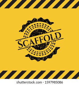 Scaffold black grunge emblem inside yellow warning sign. Vector Illustration. Detailed.