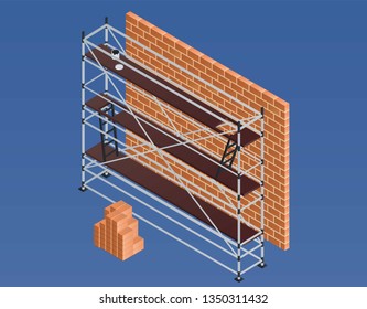 Scaffold brick wall banner. Isometric illustration of scaffold brick wall vector banner for web design