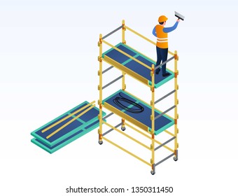 Scaffold house work banner. Isometric illustration of scaffold house work vector banner for web design