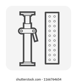 Scaffolding component icon. Consist of board decking. Also called steel plank, metal deck and catwalk for work platform and access. Include adjustable scaffolding shoring prop for temporary support.