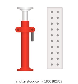 Scaffolding component icon. Consist of board decking. Also called steel plank, metal deck and catwalk for work platform and access. Include adjustable scaffolding shoring prop for temporary support.