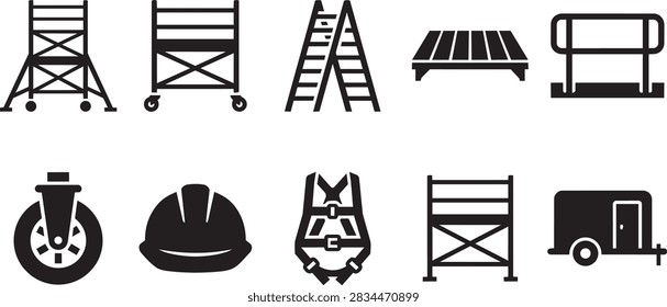 Scaffolding construction staging and modular work platform icon set