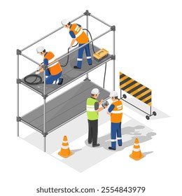 scaffolding in Construction worksite engineer and foreman with labor isometric isolated illustration