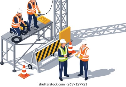 scaffolding in Construction worksite engineer and foreman working with labor isometric isolated illustration