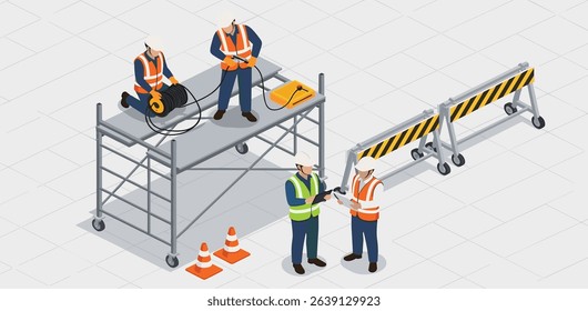 scaffolding in Construction worksite engineer and foreman working with labor isometric isolated illustration