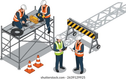scaffolding in Construction worksite engineer and foreman working with labor isometric isolated illustration