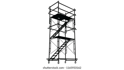 Scaffolding frame 3 floors Japanese standard type isolated on white background. Can be fill dimension or other safety standard by user. Use for construction content or scaffolding rental vendor.