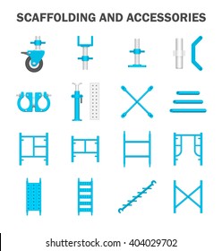 Scaffolding icon also called scaffold or staging. Temporary structure to support work in construction, maintenance and repair of building. Consist of wheel or caster, platform, ladder and frame etc.