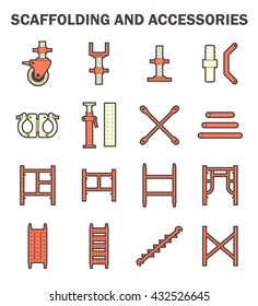 Scaffolding icon also called scaffold or staging. Temporary structure to support work in construction, maintenance and repair of building. Consist of wheel or caster, platform, ladder and frame etc.