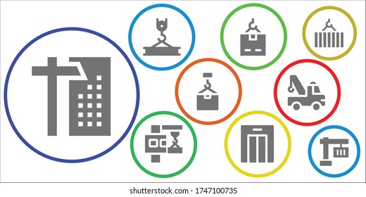 scaffolding icon set. 9 filled scaffolding icons. Included Crane, Lift icons