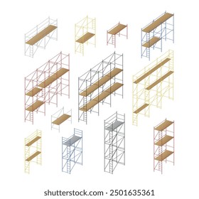 Scaffolding industrial multi level flooring structure for construction perspective set realistic vector illustration. Scaffold metallic frame with floor engineering development ladder tower