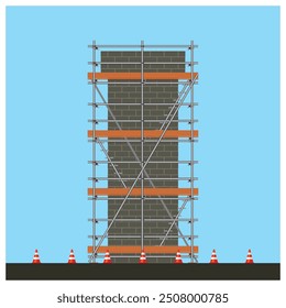 Scaffolding installation on the city gate construction project vector illustration.