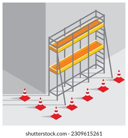 Instalación de andamiaje con cono de carretera para barricadas y aislamiento de área peligrosa. Construcción, reparación de trabajos de seguridad medida ilustración vectorial. Diseño isométrico y 3d.