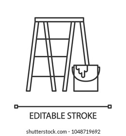 Scaffolding ladder with paint bucket linear icon. Thin line illustration. Painting, dyeing. Contour symbol. Vector isolated outline drawing. Editable stroke