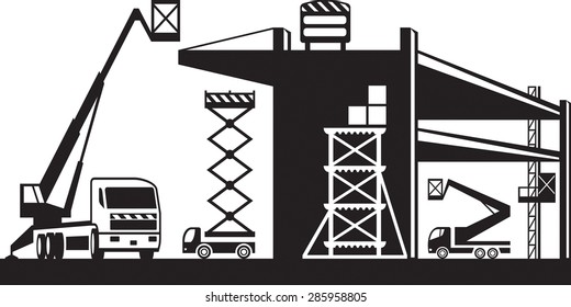Scaffolding and lifting machinery - vector illustration