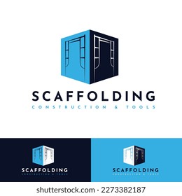 Scaffolding Logo Design. Building tool construction vector design. On navy blue, cyan, and white colors. Scaffold illustration