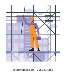 Scaffolding worker concept. Man in protective helmet with briefcase helps to build house or large building. Architecture, builder. Industrial poster or banner. Cartoon flat vector illustration