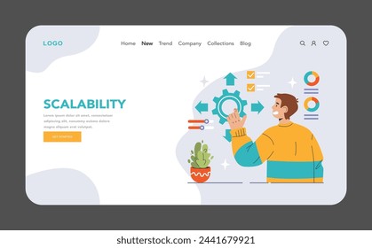 Ilustración del concepto de escalabilidad con un hombre ajustando un engranaje, representando la expansión dinámica de las capacidades empresariales y el crecimiento tecnológico. Adaptabilidad de la infraestructura visualizada. Vector plano