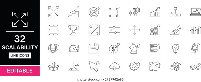 Paket mit skalierbaren, bearbeitbaren Liniensymbolen. Skalierung, Erweiterung, Flexibilität, Optimierung, Skalierbarkeit, Performance, Effizienz, Wachstum, Upgrade, Dynamik, Kapazität und mehr Symbole.