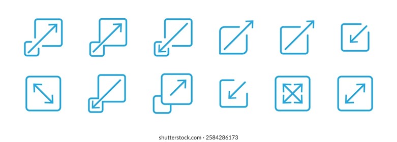 Scalability or External link icon with box and arrow for apps and websites. Resize icons set.