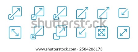Scalability or External link icon with box and arrow for apps and websites. Resize icons set.