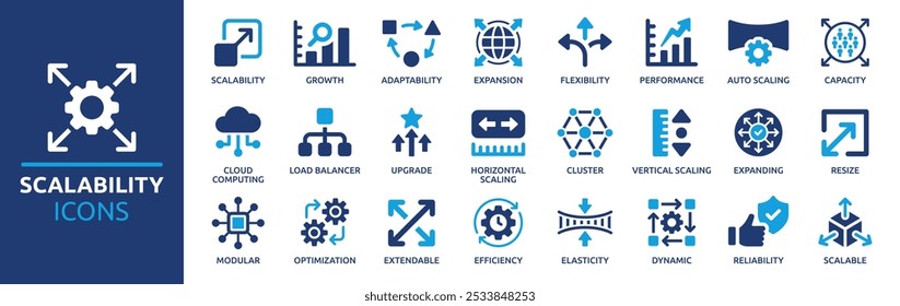 Conjunto de iconos de escalabilidad. Contiene crecimiento, expansión, rendimiento, capacidad, adaptabilidad, tamaño escalable y eficiencia. Colección de iconos de vectores sólidos.