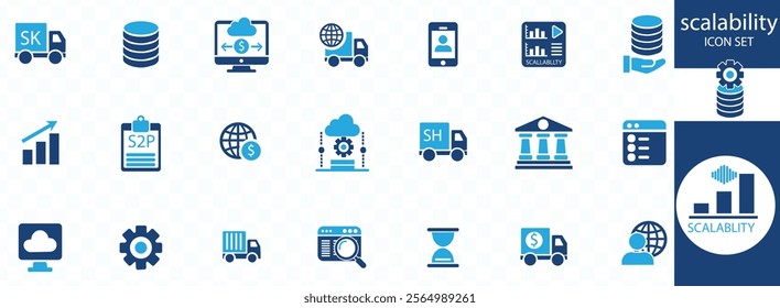 Scalability icon set. Containing growth, expansion, performance, capacity, adaptability, scalable resize and efficiency. 