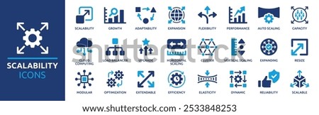 Scalability icon set. Containing growth, expansion, performance, capacity, adaptability, scalable resize and efficiency. Solid vector icons collection.