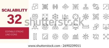 Scalability icon set. Containing growth, expansion, stretch, elasticity, efficiency, scalable resize, performance, adaptability and more. Editable line icons. Vector illustration.
