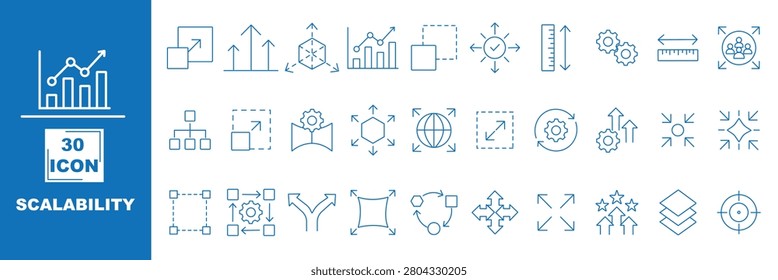 Scalability icon set. Includes expansion, scalable resize, growth, performance, capacity, adaptability, efficiency, and more. Vector illustration with editable strokes 