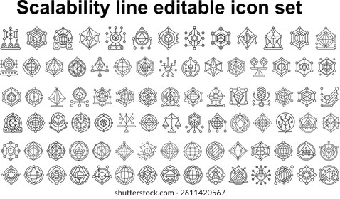 Scalability line editable icon set. Containing expansion, scalable resize, growth, performance, capacity, adaptability, efficiency, and more. vector illustration 