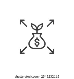 Scalability line icon. linear style sign for mobile concept and web design. Money bag with arrows outline vector icon. Expansion and growth symbol, logo illustration. Vector graphics