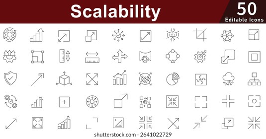 Scalability Line Icons: Business, Technology and Data Expansion. Editable Vector Icons