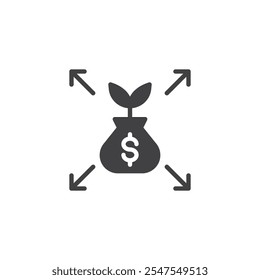 Scalability vector icon. filled flat sign for mobile concept and web design. Money bag with arrows glyph icon. Expansion and growth symbol, logo illustration. Vector graphics