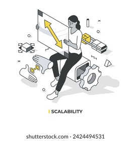 Scalability. A woman holds a panel with a two-headed arrow that represents the flexible and adaptable model of business and technology. Isometric linear illustration. Metaphor