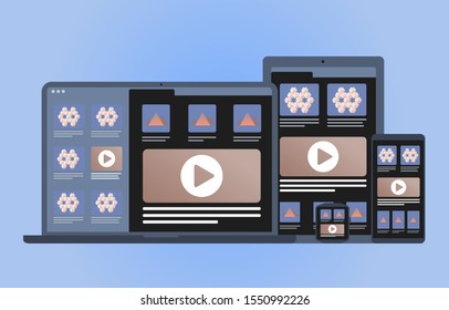 Scalable, Adaptive and Responsive web design for website. Modern flat vector concept illustration with laptop, smartphone, tablet and smart watch isolated
