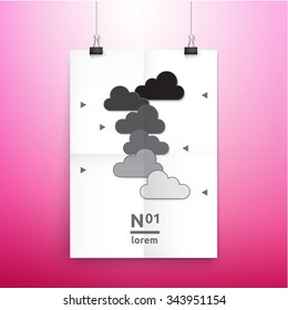 Scalable  And Adjustable Eps10 Vector Clouds Illustration Composition on an A4 Paper Mockup Page with Pink Background
