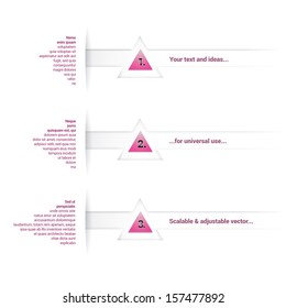 Scalable & adjustable vector composition of an abstract minimal geometric paper background based list elements with content field for numbering , magenta / pink retro triangles for universal use