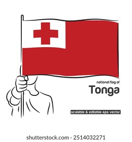 Escalável e editável eps vetor Contorno traçado traçado contorno arte de mão de pessoa punho segurando bandeira de ondulação nacional de Tonga