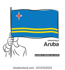 Escalar e editável eps vetor Contorno traçado traçado de linha de contorno de mão de pessoa punho segurando bandeira ondulação nacional de Aruba