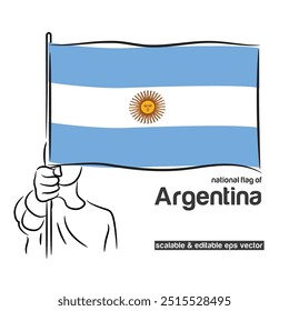 Escalável e editável eps vetor Contorno traçado traçado arte de mão mão mão mão segurando bandeira ondulando nacional da Argentina