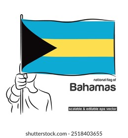 Escalar e editável eps vetor Contorno traçado traçado de linha de contorno de pessoa mão punho segurando bandeira ondulando nacional das Bahamas