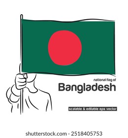 Escalável e editável eps vetor Contorno traçado traçado contorno arte de pessoa mão punho segurando bandeira ondulação nacional de Bangladesh