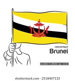 Escalar e editável eps vetor Contorno de traçado de linha contorno arte da pessoa mão punho segurando bandeira ondulação nacional de Brunei