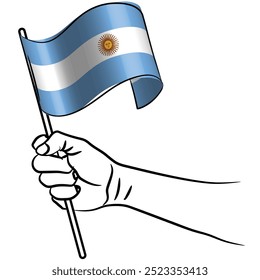 Escalar e editável eps vetor Contorno traçado traçado arte de mão segurando bandeira de ondulação nacional da Argentina

