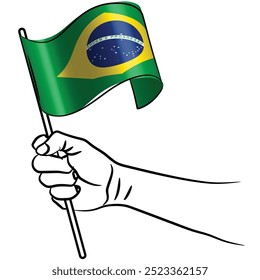 vetor eps escalável e editável Contorno de traçado de linha de contorno de mão segurando bandeira de ondulação nacional do Brasil

