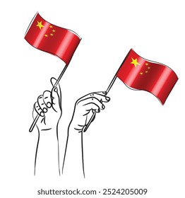 Escalável e editável eps vetor Contorno traçado traçado arte de mãos segurando bandeira de ondulação nacional da China